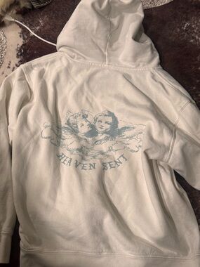 Heaven Sent Angel brandy Melville  Graphic Hoodie - Cream with Light Blue Print